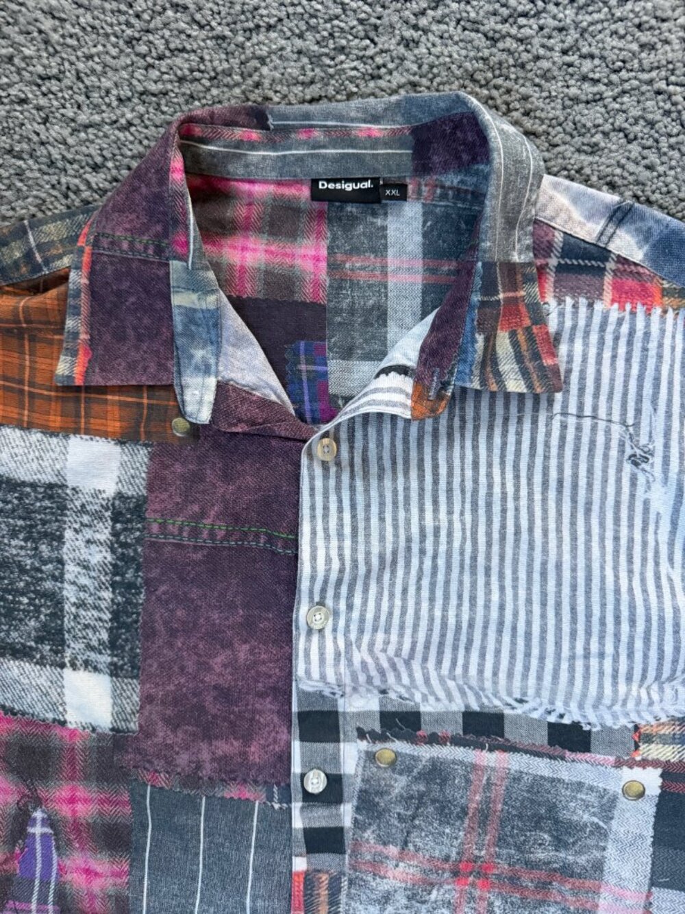 Desigual Men’s Patchwork Plaid Distressed Shirt XXL - 3D Illusion Design - VGUC - Picture 7 of 16